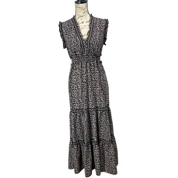 Max Studio Women's Black & White Crepe Tiered Casual Summer Maxi Dress Sz Small - Picture 1 of 8